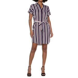 Liverpool Navy & Red Belted Striped Shirt Dress Women's Size Large Pockets New